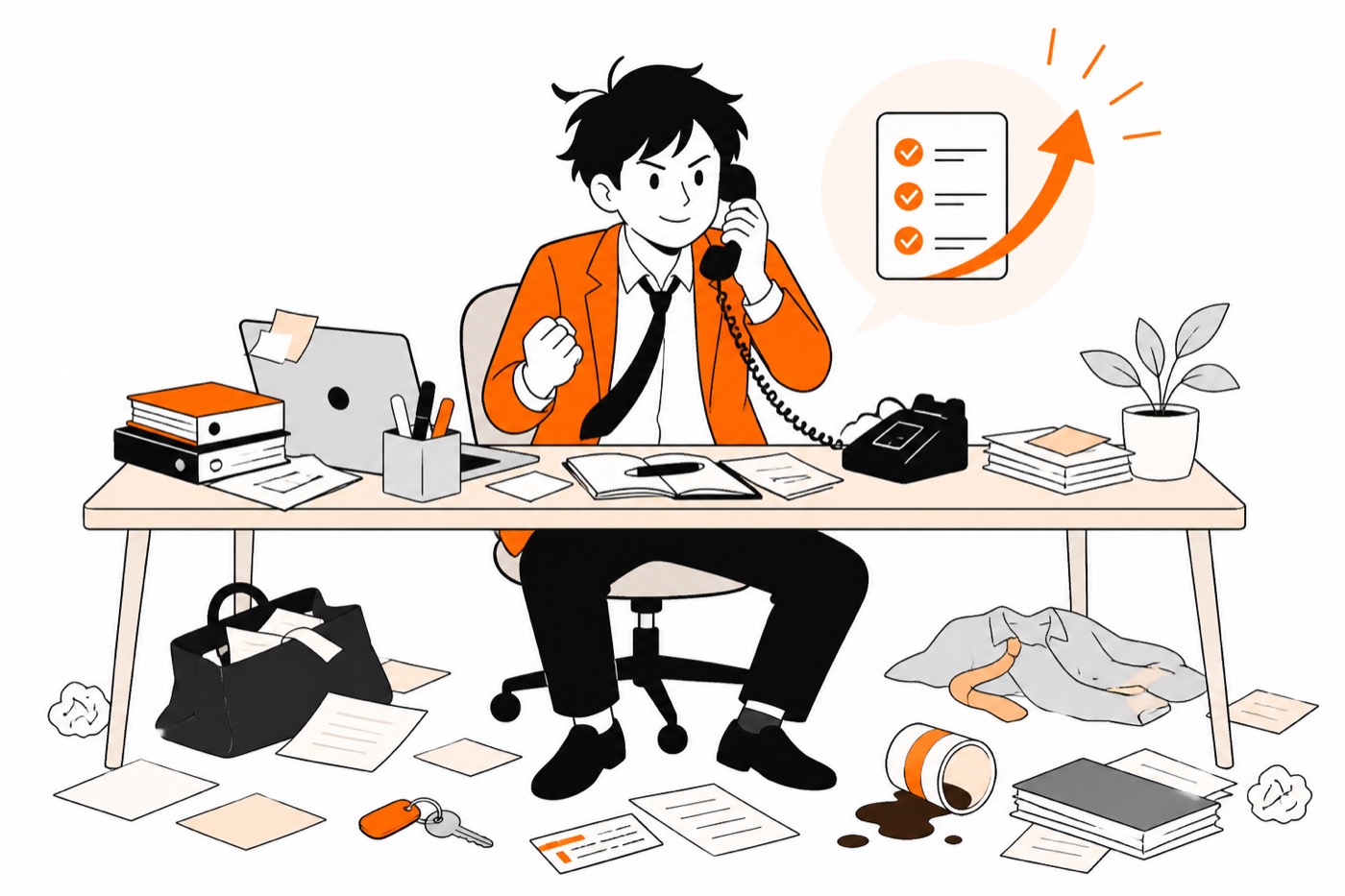 散らかった机で電話をかけ続ける経営者と鍵や電車を表す小物のイラスト
