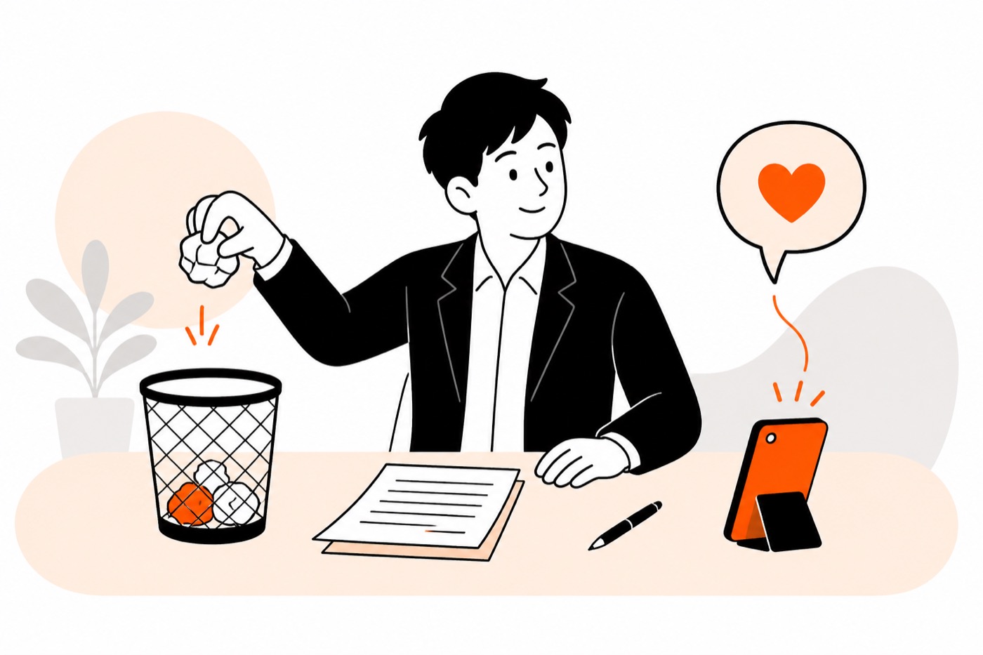 台本を丸めて捨て、心のつながりが生まれる営業担当者のイラスト