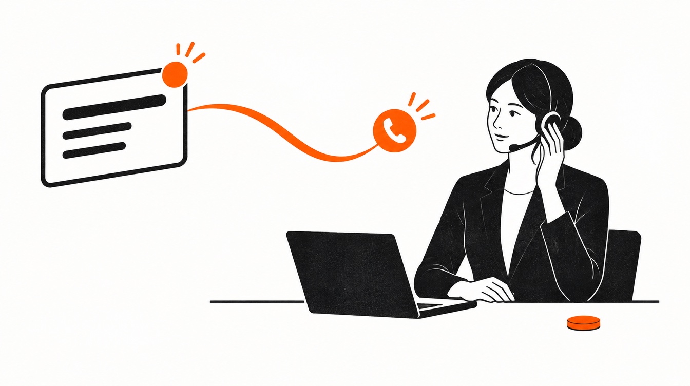 問い合わせ通知を受け、ヘッドセットで折り返す営業担当者のイラスト