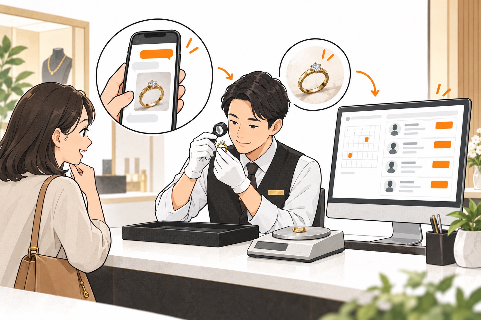 写真での問い合わせから査定・来店予約につなぐ業務のイラスト